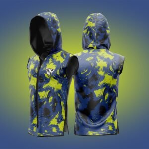 Men’s Blue & Neon Yellow Sleeveless Hoodie – Athletic Gym Vest | Hooded Workout Tank Top | Bodybuilding Training Hoodie