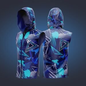Men’s Blue Geometric Sleeveless Hoodie – Athletic Gym Vest | Hooded Workout Tank Top | Bodybuilding Fitness Training Hoodie